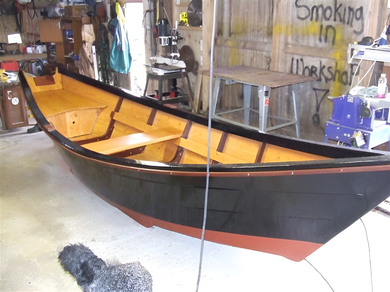 Black-hulled Grand Banks dory, varnished interior detail
