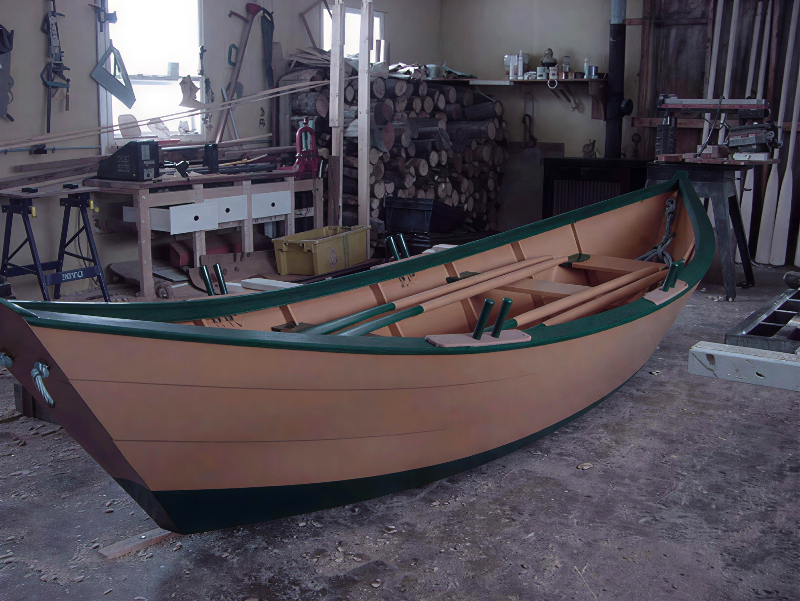 A completed Grand Banks dory in the workshop  -  the finished product